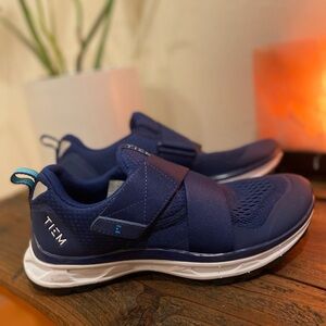 Tiem blue indoor cycling shoes.